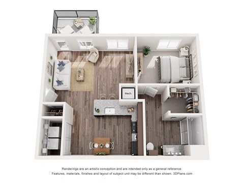 Floor plan for 1 bed, 1 bath, 719 sqft